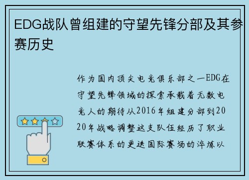 EDG战队曾组建的守望先锋分部及其参赛历史