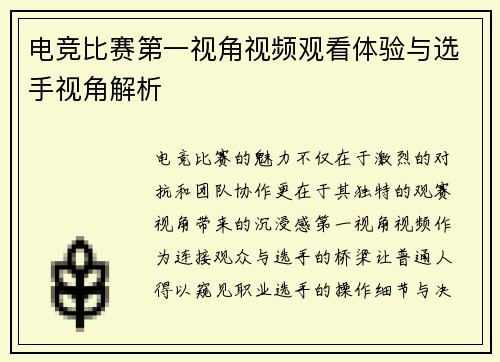 电竞比赛第一视角视频观看体验与选手视角解析