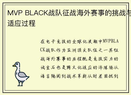 MVP BLACK战队征战海外赛事的挑战与适应过程